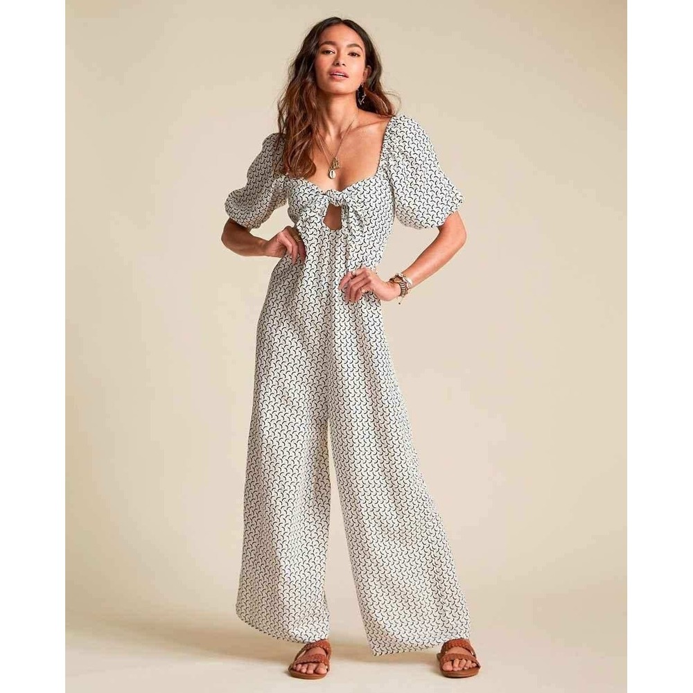 Billabong White Jumpsuit with Black Print and Puff Sleeves